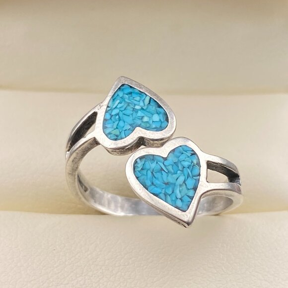 Vintage Sterling Silver Adjustable Ring Turquoise Chip Inlay Double Heart Love - Picture 1 of 12
